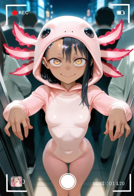 masterpiece, best quality, very aesthetic, absurdres, Detailed face, 8k, Ultra_HD, (detailed background:1.1), 1=2, face closeup, from above, zoom on face, rec, recording frame, photograph,
solo, 1girl, Hayase Nagatoro, petite, beautiful, perfect eyes, (golden eyes:1.1), dark skin, black hair, long hair, tanned skin, tanline, hourglass figure, animal costume, axolotl onesie, skindentation, skinny body, small breasts, short girl, cat eyes, jocking expression, wide eyes, in front of viewer, face close to the lens, pov, posing, original pose, complex pose, ghost pose, very flexible, wide hips, narrow waist, looking at viewer, puffy lips, detailed background, blurry background, comiket, crowded place,