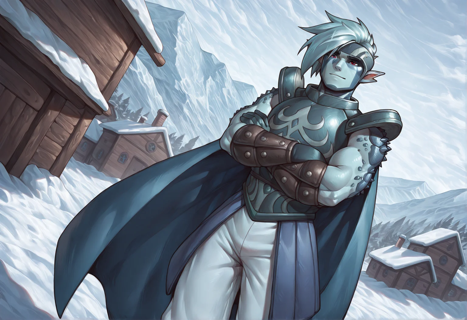 masterpiece, best quality, ultra-detailed, high resolution, absurdres BREAK SaturousGS, snowy village, outdoors, 1boy, solo, dragon boy, blue hair, red eyes, blue cape, light blue skin, facial markings, pointy ears, armor, boots, white pants, scales, upper body, arms crossed, dutch angle <lora:Saturous_Golden_Sun:1> <lora:NOOB_vp1_detailer_by_volnovik_v1:1>