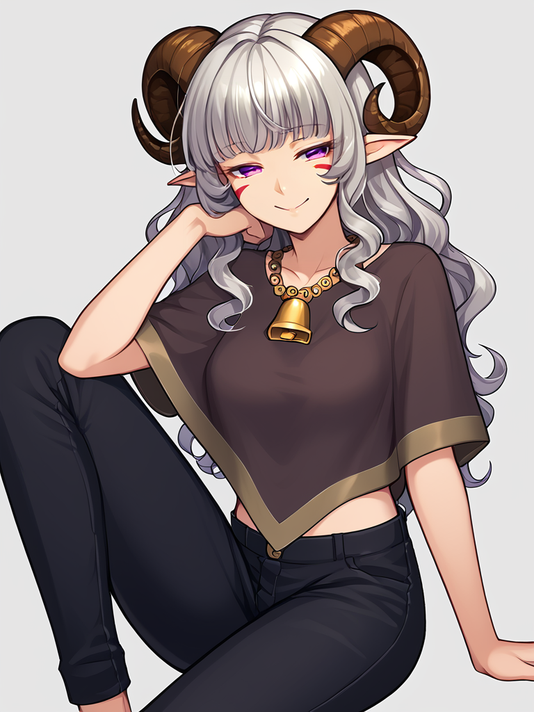 source_furry, score_7_up, rating_safe, cowboy shot, gold necklace, tiefing, short pointed ears, brown horns, (a pair of brown sheep Horns that begin at her temples and curve back: 1.5), bangs, long silver hair long wavy hair, pale skin, <lora:whisker_markings:0.8>red whisker_markings ,short pointy ears, purple eyes, <lora:age_slider_v4:0.6>   medium breasts, skinny female, silver hair, <lora:Tieflingnew weird fantasyDND:0.4> Tiefling, pointed ears, horns<lora:Smooth Style 2 SDXL_LoRA_Pony Diffusion V6 XL:0.3>, bell, 
half closed eyes,    smile, pants, naughty face, sitting , 
<lora:poncho:1> (triangle_poncho, wearing_poncho:1.2, short poncho), simple background,