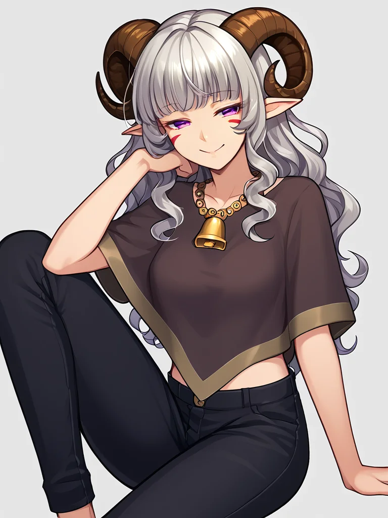 source_furry, score_7_up, rating_safe, cowboy shot, gold necklace, tiefing, short pointed ears, brown horns, (a pair of brown sheep Horns that begin at her temples and curve back: 1.5), bangs, long silver hair long wavy hair, pale skin, <lora:whisker_markings:0.8>red whisker_markings ,short pointy ears, purple eyes, <lora:age_slider_v4:0.6> medium breasts, skinny female, silver hair, <lora:Tieflingnew weird fantasyDND:0.4> Tiefling, pointed ears, horns<lora:Smooth Style 2 SDXL_LoRA_Pony Diffusion V6 XL:0.3>, bell,
half closed eyes, smile, pants, naughty face, sitting ,
<lora:poncho:1> (triangle_poncho, wearing_poncho:1.2, short poncho), simple background,