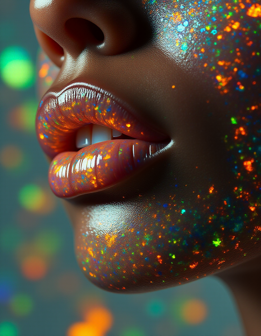 A stunning close-up of the modelâs lips, coated in shimmering ral-opal gloss that glows with kaleidoscopic patterns of fiery orange, neon green, and electric blue. Her lips appear to morph into fractal patterns, the glowing designs spilling onto her skin and blending seamlessly into the abstract background. Tiny opal particles hover in the air around her mouth, glowing softly as they dissolve into fractal bursts of light.
<lora:ral-opal-flux_000004000:1>