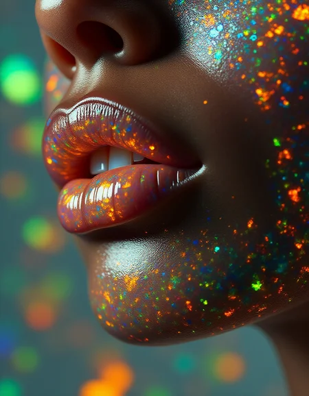 A stunning close-up of the modelâs lips, coated in shimmering ral-opal gloss that glows with kaleidoscopic patterns of fiery orange, neon green, and electric blue. Her lips appear to morph into fractal patterns, the glowing designs spilling onto her skin and blending seamlessly into the abstract background. Tiny opal particles hover in the air around her mouth, glowing softly as they dissolve into fractal bursts of light.
<lora:ral-opal-flux_000004000:1>