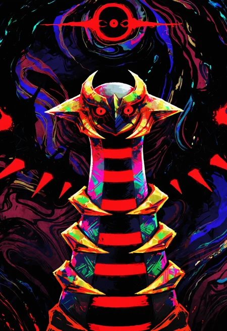 <lora:Style_OtonohaAika:1>, no humans, colorful, giratina \(origin\), red eyes, glowing markings, abstract background, horror \(theme\), masterpiece, best quality