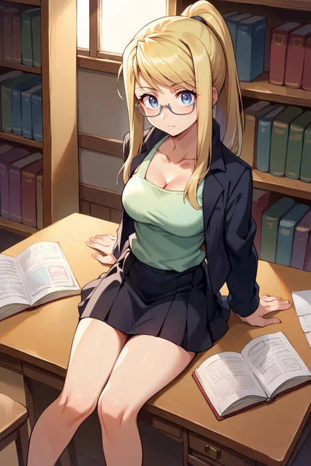 score_9, score_8_up, score_7_up, score_6_up, source_anime BREAK 1girl, <lora:winry-pdxl-nvwls-v1-000006:1> winry rockbell, ponytail, black jacket, green tank top, black skirt, glasses, sitting, desk, chair, bookshelf, reading book, looking at you, curious