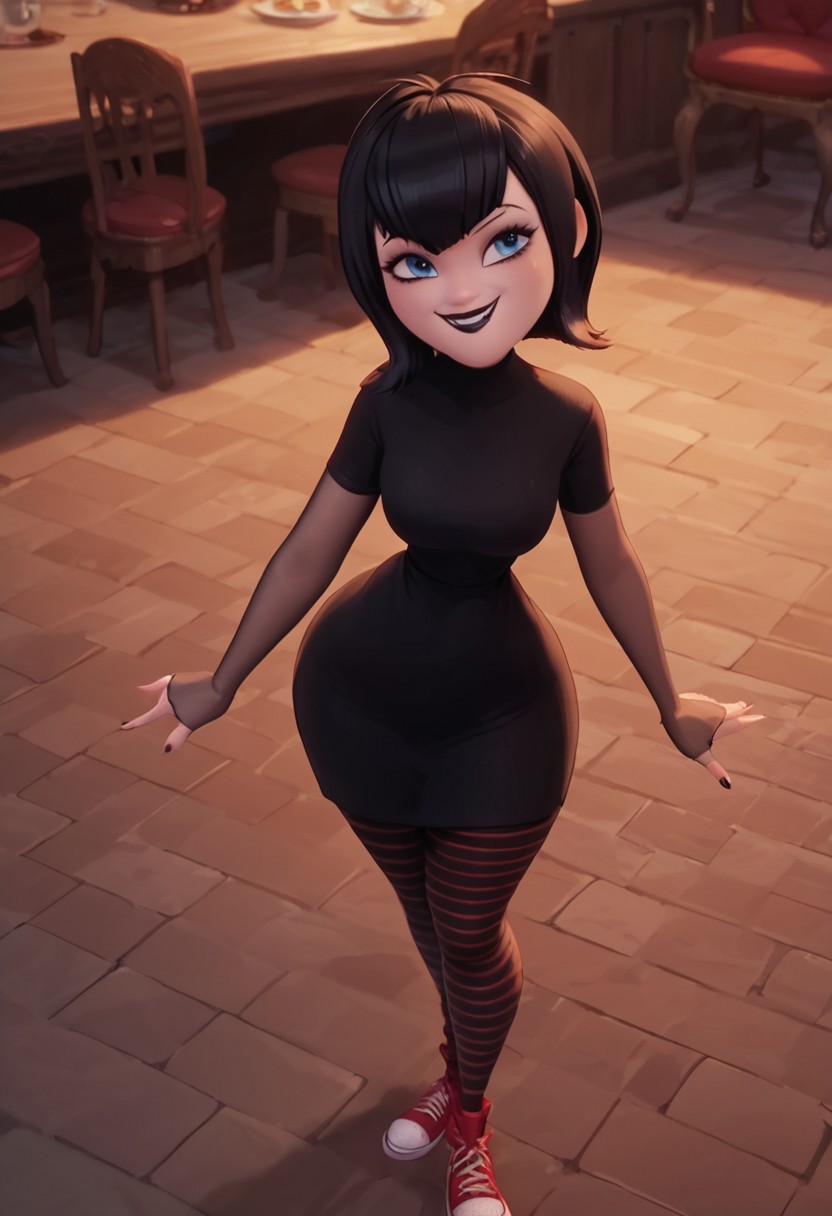 score_9, score_8_up, score_7_up, ultra quality, solo, 1girl, black hair, short hair, blue eyes, fangs, black lips, black nails, , black dress, grey elbow gloves, striped pantyhose, red sneakers, , smug smile, hips focus, big hips, big butt, bubble butt, curvy, narrow waist, standing, front view, looking to the viewer, upper body, view from above, close up, screencap