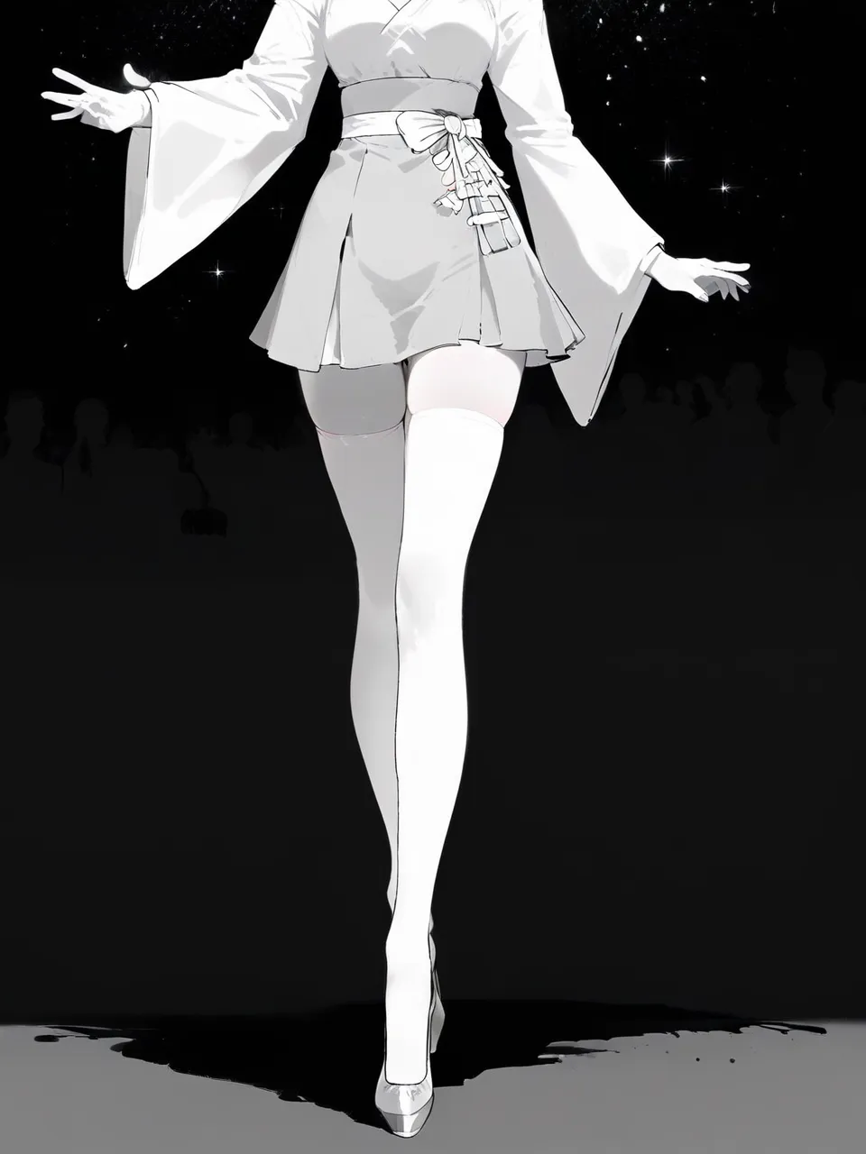 1 girl, inkstyle, staekinglight, thighhighs, lower body, miniskirt, thighs, monochrome, greyscale, silhouette, greyscale, sparkle, walking, zettai ryouiki, english text, white background, skirt, black hole, white thighhighs, solo focus, implied masturbation, simple background, wardrobe, shadow, glowing liquid, out of frame, comic, pigeon-toed, outstretched leg, wide sleeves, high heels, thigh focus, 
masterpiece, newest, absurdres, safe
 <lora:inkstyle:1> <lora:nai3animation_v2.6.1:1>