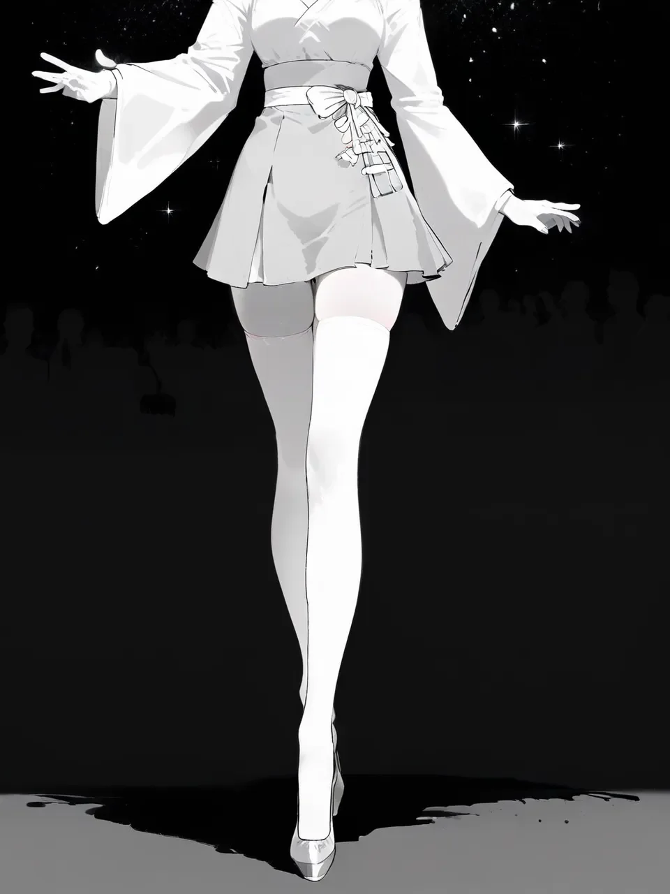 1 girl, inkstyle, staekinglight, thighhighs, lower body, miniskirt, thighs, monochrome, greyscale, silhouette, greyscale, sparkle, walking, zettai ryouiki, english text, white background, skirt, black hole, white thighhighs, solo focus, implied masturbation, simple background, wardrobe, shadow, glowing liquid, out of frame, comic, pigeon-toed, outstretched leg, wide sleeves, high heels, thigh focus, 
masterpiece, newest, absurdres, safe
 <lora:inkstyle:1> <lora:nai3animation_v2.6.1:1>