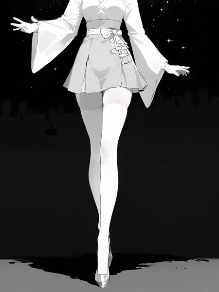 1 girl, inkstyle, staekinglight, thighhighs, lower body, miniskirt, thighs, monochrome, greyscale, silhouette, greyscale, sparkle, walking, zettai ryouiki, english text, white background, skirt, black hole, white thighhighs, solo focus, implied masturbation, simple background, wardrobe, shadow, glowing liquid, out of frame, comic, pigeon-toed, outstretched leg, wide sleeves, high heels, thigh focus, 
masterpiece, newest, absurdres, safe
 <lora:inkstyle:1> <lora:nai3animation_v2.6.1:1>