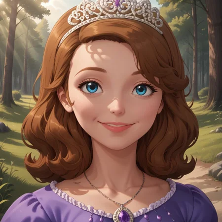 score_9, score_8, BREAK, solo, Sofia_The_First, 1girl, brown hair, blue eyes, purple dress, long dress, tiara, necklace, sandals, tall, adult female, mature female, big breasts, self portrait, smile, looking at viewer, outdoors, sunlight, shadows, evening lighting, natural lighting, forest, trees, grass, orange sky, sunset