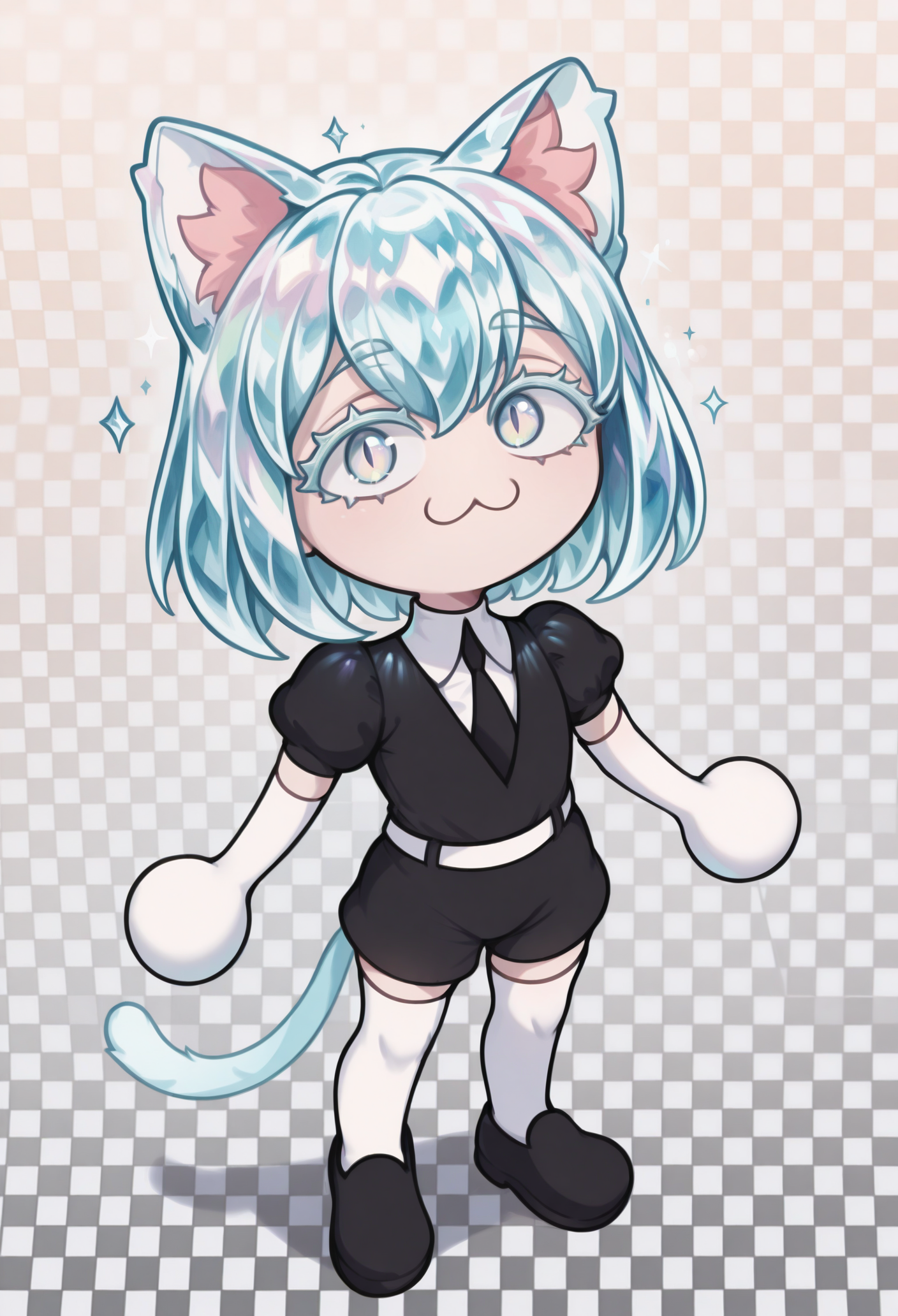 1girl, solo, checkered background, looking at viewer, 
masterpiece, best quality, <lora:necoarccon-guy90-Illust-LycorisV1:1>, noccen, animal ears, :3, chibi, animal ear fluff, cat tail, slit pupils, <lora:Hoseki_LandOfTheLustrous_Diamond_IllustriousXL_v1:1> 1other, d1am0nd, white skin, crystal hair, colored eyelashes, multicolored eyes, multicolored hair, short hair, hair between eyes, black shirt, puffy short sleeves, white collared shirt, black necktie, elbow gloves, white gloves, black shorts, white belt, white thighhighs, black footwear