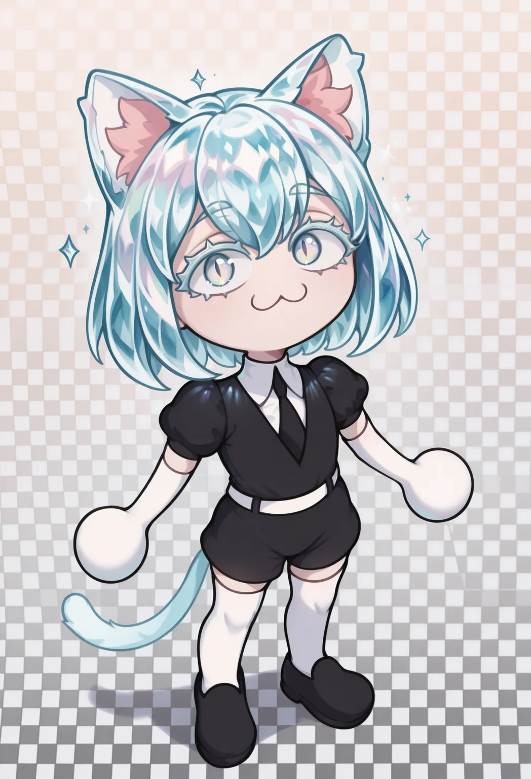 1girl, solo, checkered background, looking at viewer,
masterpiece, best quality, <lora:necoarccon-guy90-Illust-LycorisV1:1>, noccen, animal ears, :3, chibi, animal ear fluff, cat tail, slit pupils, <lora:Hoseki_LandOfTheLustrous_Diamond_IllustriousXL_v1:1> 1other, d1am0nd, white skin, crystal hair, colored eyelashes, multicolored eyes, multicolored hair, short hair, hair between eyes, black shirt, puffy short sleeves, white collared shirt, black necktie, elbow gloves, white gloves, black shorts, white belt, white thighhighs, black footwear
