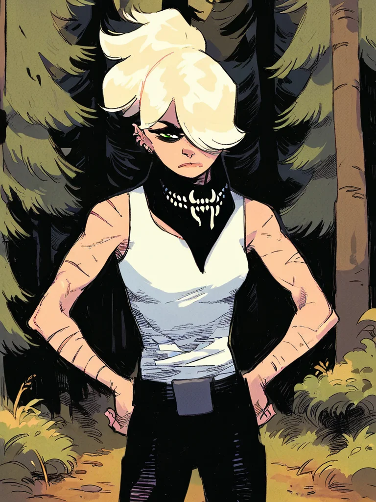 score_9, score_8_up, score_7_up,
1girl, erica slaughter, green eyes, ponytail, blonde hair, hair over one eye, ear piercing,
bandana around neck, white tank top, black pants, standing, outdoors, forest, frown, narrowed eyes, looking at viewer, hands on hips, scars