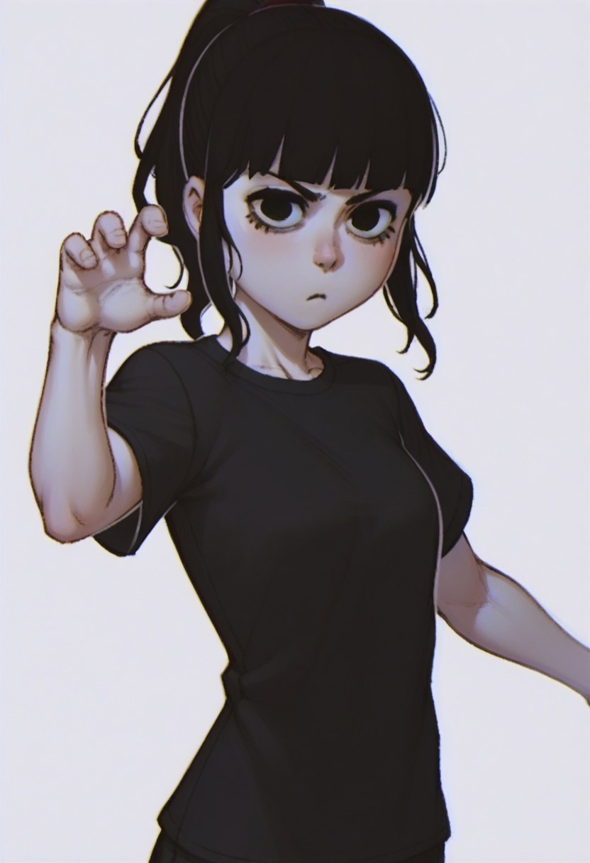score_9, score_8_up, score_7_up, score_6_up, score_5_up, score_4_up, source cartoon, BREAK
1girl, solo, tinarina, black hair, bangs, ponytail, moles, black shirt, dynamic pose, potrait, white background