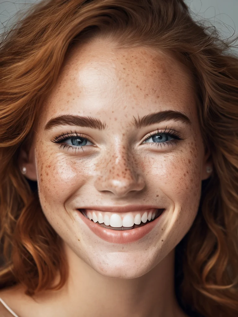 beautiful lady, freckles, big smile, dark makeup, hyperdetailed photography, soft light, head and shoulders portrait, cover