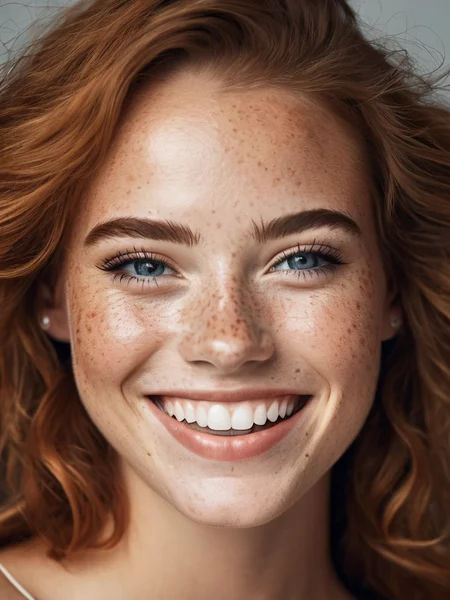 beautiful lady, freckles, big smile, dark makeup, hyperdetailed photography, soft light, head and shoulders portrait, cover