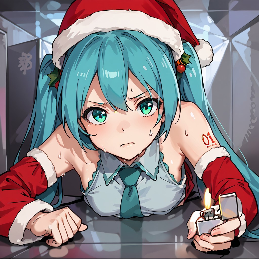 score_8, score_8_up, score_7_up, source_anime, anime screenshot, 1girl, female focus, solo, Hatsune Miku, santa hat, aqua hair, twintails, aqua eyes, necktie, collared shirt, sleeveless, detached sleeves, tattoo,CEVCDH, crawling, on stomach, lying, cramped, holding lighter, lighter, fire, ventilation shaft, straight-on, small breasts, frown, sweat drop,