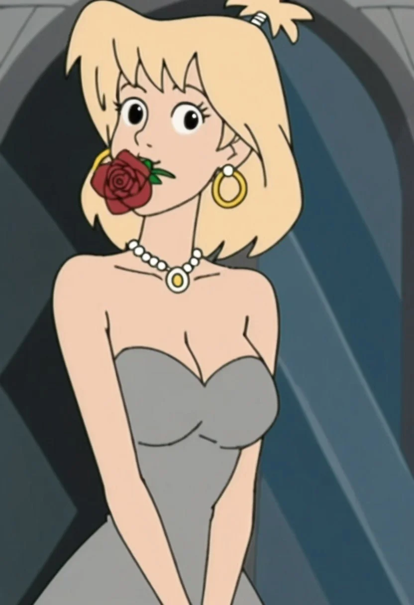 woman, tiffany, kangoo,1girl, jewelry, flower, solo, earrings, blonde hair, dress, necklace, breasts, rose, flower in mouth, red flower, looking at viewer, strapless dress, holding, strapless, upper body, grey dress, petals, medium hair, red rose, mouth hold, holding flower, medium breasts, bare shoulders, black eyes
