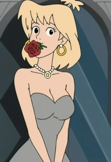 woman, tiffany, kangoo,1girl, jewelry, flower, solo, earrings, blonde hair, dress, necklace, breasts, rose, flower in mouth, red flower, looking at viewer, strapless dress, holding, strapless, upper body, grey dress, petals, medium hair, red rose, mouth hold, holding flower, medium breasts, bare shoulders, black eyes