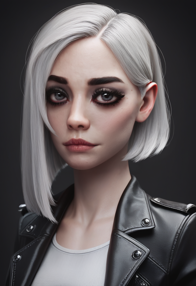 <lora:Futura_3a:0.8> score_9, score_8_up, score_7_up, ftgd, realistic,1girl, solo, perfect face, cute face, black eyeliner, long eyelashes,  [bushy eyebrows:0.6], white asymmetric bob hair, sharp cheekbones, distinctive jawline, wearing black leather jacket,  white croptop, slim waist,  upper body, black background, [natural skin texture, hyperrealism:0.7],