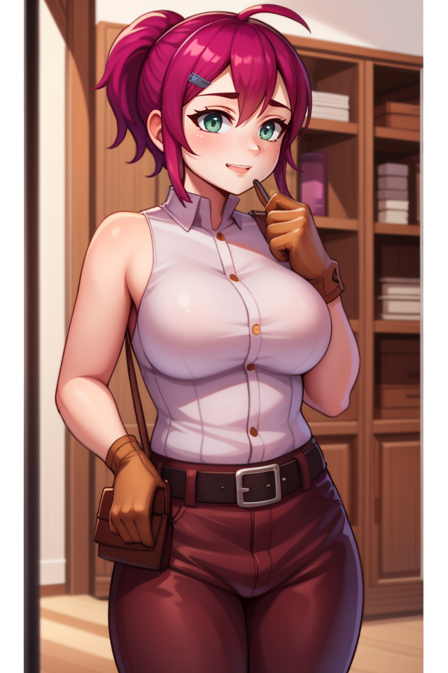 <lora:PAseer-SD15-LCM Quick:1>
 <lora:Sylvia_Potionomics:1> sylvia_potionomics, green eyes, red hair, hairclip, ponytail, short hair, large breasts, brown gloves, belt, pouch, white shirt, sleeveless, pants, 
<lora:Bush - colored_pubic_hair_lyco_goofy:1> colored pubic hair <lora:Bush - excessive_pubic_hair:0.8> excessive pubic hair,