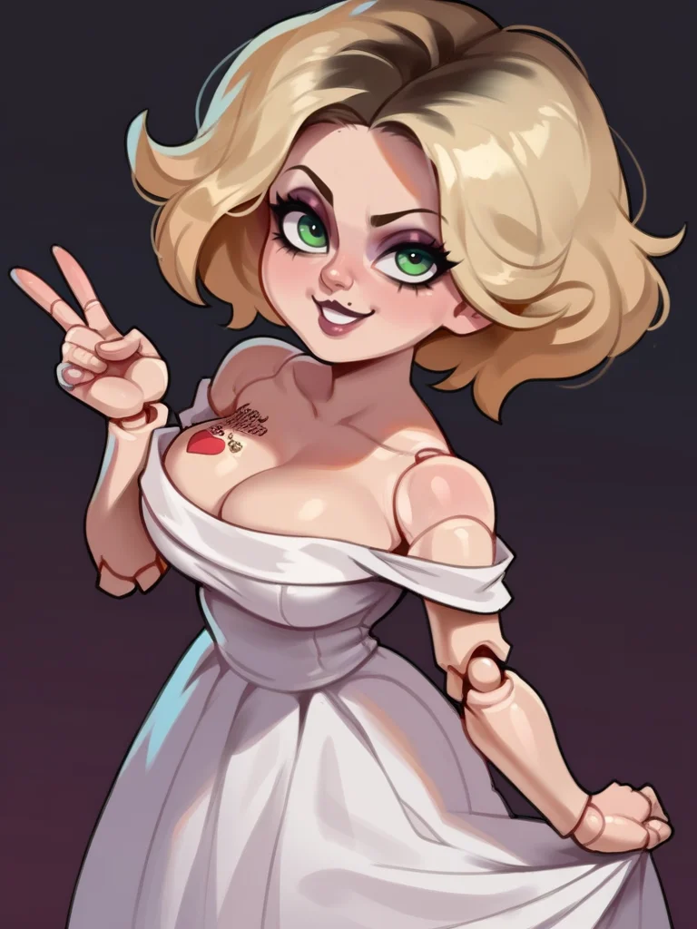 score_9, score_8_up, score_7_up, 1girl, looking at viewer, cowboy shot, dress lift, bare shoulders, naughty face, from above, dynamic pose, smile, cute, wide shot, simple background, cute pose, v, from side, cleavage, large breasts,
<lora:TifannyCMXLP_character:0.8>TiffanyXLP, blonde hair, green eyes, eyeshadow, makeup, white dress, long skirt, doll joints, cartoon, tattoo, <lora:Bonifasco_PonyXL_v1:0.7>