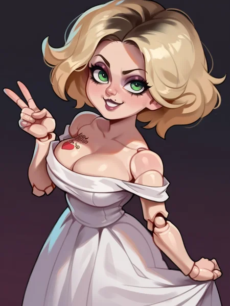 score_9, score_8_up, score_7_up, 1girl, looking at viewer, cowboy shot, dress lift, bare shoulders, naughty face, from above, dynamic pose, smile, cute, wide shot, simple background, cute pose, v, from side, cleavage, large breasts,
<lora:TifannyCMXLP_character:0.8>TiffanyXLP, blonde hair, green eyes, eyeshadow, makeup, white dress, long skirt, doll joints, cartoon, tattoo, <lora:Bonifasco_PonyXL_v1:0.7>
