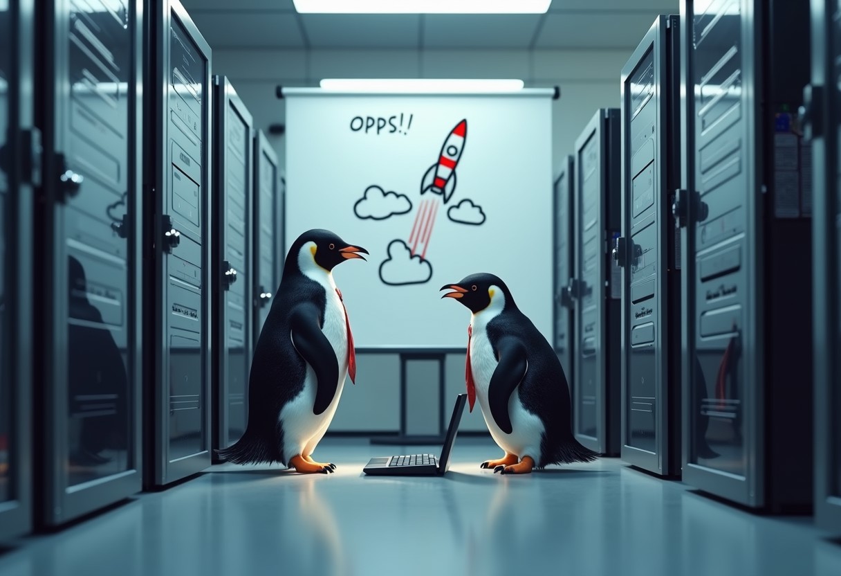 Visualize a sleek, modern server room where penguins in business suits are comically trying to fix a technical meltdown. One penguin stands on tiptoe, pecking at a keyboard with intense concentration, while another frantically fans an overheating server with a tiny tie. In the background, a whiteboard shows a comical doodle of a rocket ship crashing into a cloud labeled 'Oops!' The scene is filled with a mix of cool blues and soft lighting, giving it a polished, professional look while maintaining a whimsical charm. This humorous tableau cleverly captures the chaos of maintenance mode with an adorable, unexpected twist."