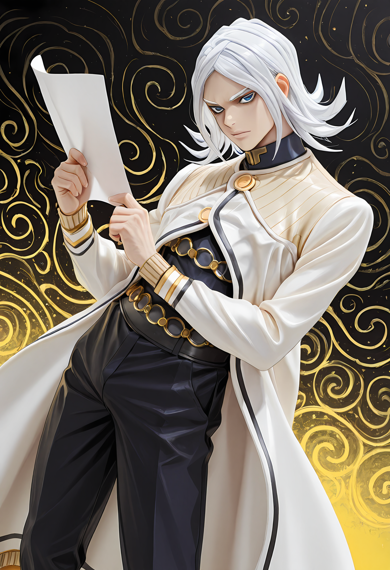 masterpiece, best quality, amazing quality, dynamic angle, dutch angle, abstract background, BREAK
holding sheet of paper BREAK
solo, 1boy, jjba_teru, white hair, medium hair, blue eyes, long white coat, black and yellow shirt, black pants, BREAK
<lora:cfg_scale_boost:0.6>  <lora:Terunosuke_Enigmas_Boy_Miyamoto_-_Jojos_Bizarre_Adventure_-_ILXL:1>