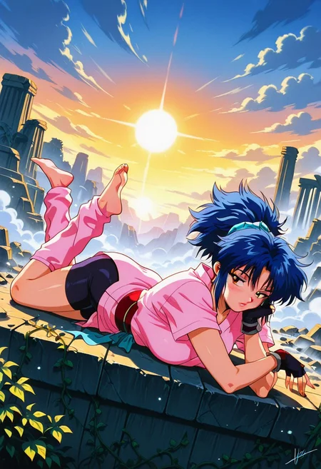 MachiKomacineHxH, 1girl, solo, messy hair, blue hair, ponytail, bangs, brown eyes, lips, japanese clothes, kunoichi, short kimono, pink kimono, large breast, green sash, black obi, short sleeves, black gloves, fingerless gloves, thick thighs, black shorts, bike shorts, pink leg warmers, white socks,
,seductive pose, sexy pose, tease,
masterpiece, best quality, fine details, intricate details, depth of field, subsurface scattering, bokeh,
ultra-detailed, very aesthetic, detailed background, newest, scenery, highres, absurdres, colorful, vibrant, glowing, perfect face, 2d, perfect eyes, vibrant saturated colors, volumetric lighting, sharp, detailed eyes, perfect anatomy, perfect face, perfect eyes, mature body, clear eyes, beautiful eyes, athletic, curvy body, athletic girl, perky tits, perfect tits, round breasts, pinup pose, teasing, lustful expression, perfect hands,
muscular female, dutch angle,
evening, sun, sky, clouds, light blue feet, barefoot, ancient ruins, debris, mist, fog, vines, ruins, stone bricks, rocks, puddles, sun shine through clouds, cloudy, outdoors, lying on stomach on stone ledge, looking to side, head tilt, bored, parted lips, feet up,
,Smooth Negative, Smooth_Quality,
90s_anime_aesthetic, 1990s (style), retro, retro artstyle,