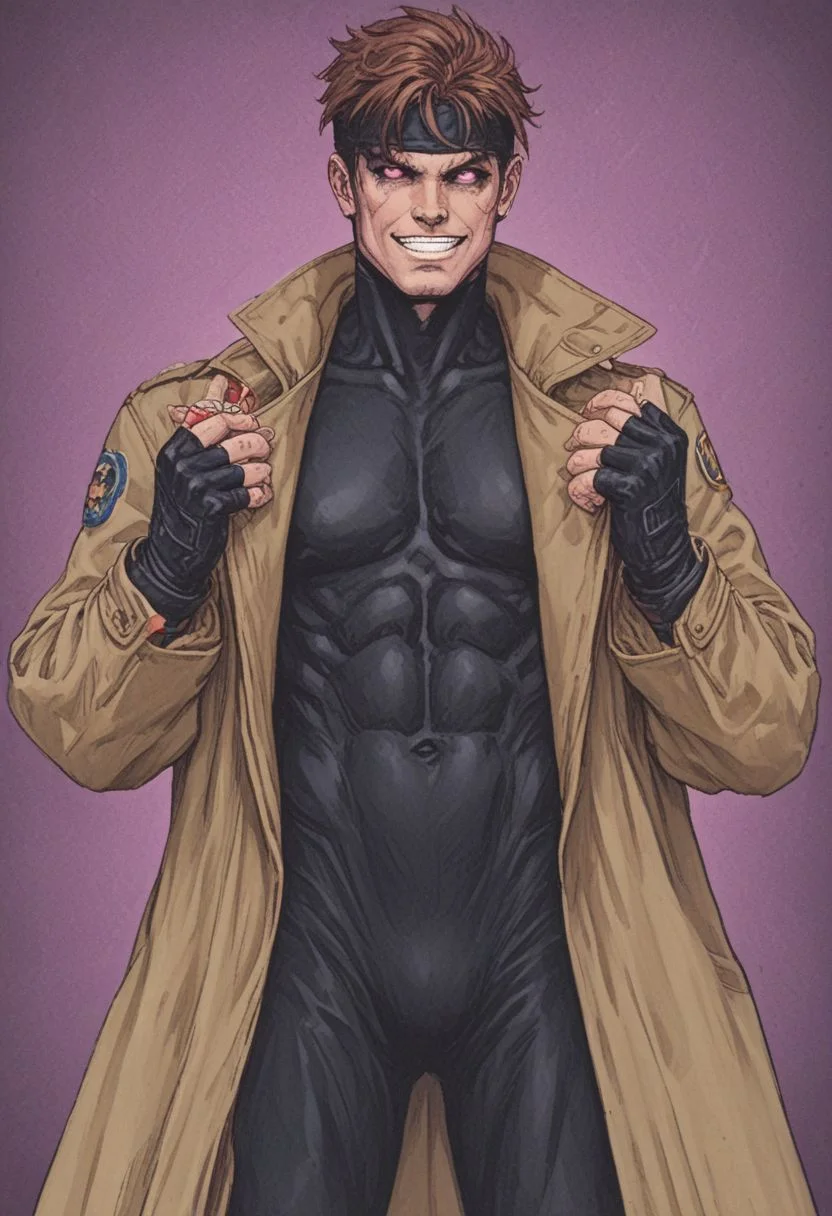 1boy, Gambit, Remy Lebeau, glowing eyes, colored sclera, black sclera, grin, open clothes, black gloves, fingerless gloves, pink eyes, coat, bodysuit, muscular, headband, abs, skin tight, open coat, trench coat, covered abs, pink and black gradient background with falling burning poker cards <lora:EMS-59834-EMS:0.800000>