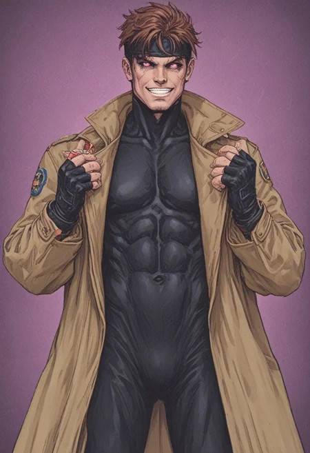 1boy, Gambit, Remy Lebeau, glowing eyes, colored sclera, black sclera, grin, open clothes, black gloves, fingerless gloves, pink eyes, coat, bodysuit, muscular, headband, abs, skin tight, open coat, trench coat, covered abs, pink and black gradient background with falling burning poker cards <lora:EMS-59834-EMS:0.800000>