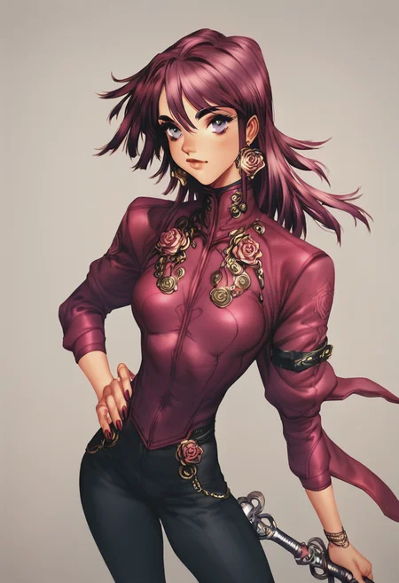 score_9, score_8_up, score_7_up, 1girl, portrait, solo, Standing with one hand on the hip, from_above, (Magenta rose kesa), blond_hair, portrait, rating_safe, <lora:pony\artist_styles\masamune shirow_pony:1.1>