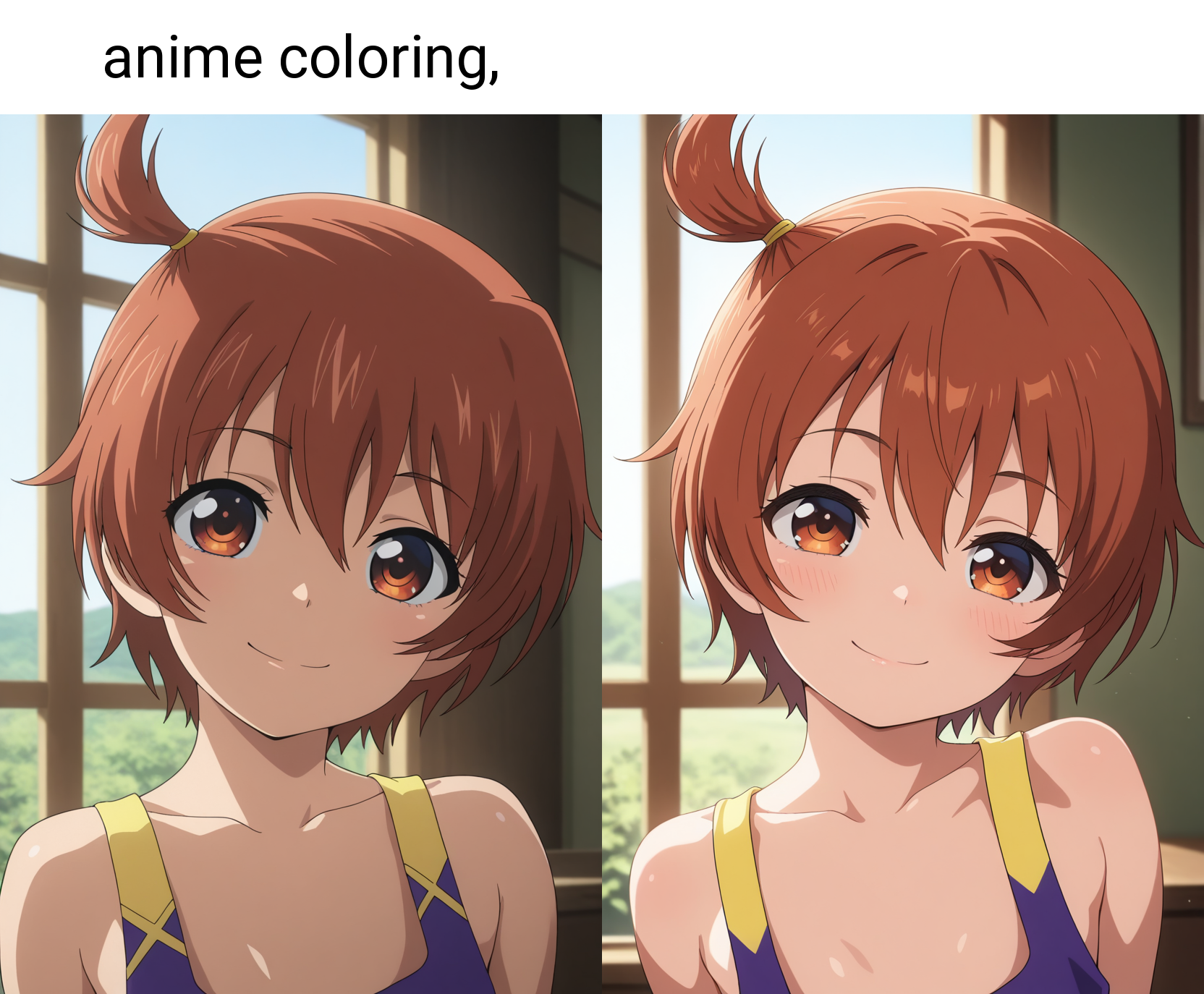 masterpiece, best quality, amazing quality, 1girl, solo, (portrait:1.2), anime coloring, yukikoww, short stature, petite, brown eyes, brown hair, short hair, side ponytail, ahoge, flat chest, multicolored tank top, yellow tank top, looking at viewer, smile, indoors, day, skindentation, detailed clothing folds, depth of field, sharp, high contrast, dynamic light <lora:Miwa_Yukiko_Ichiban_Ushiro_no_Daimaou_ill:0.9>