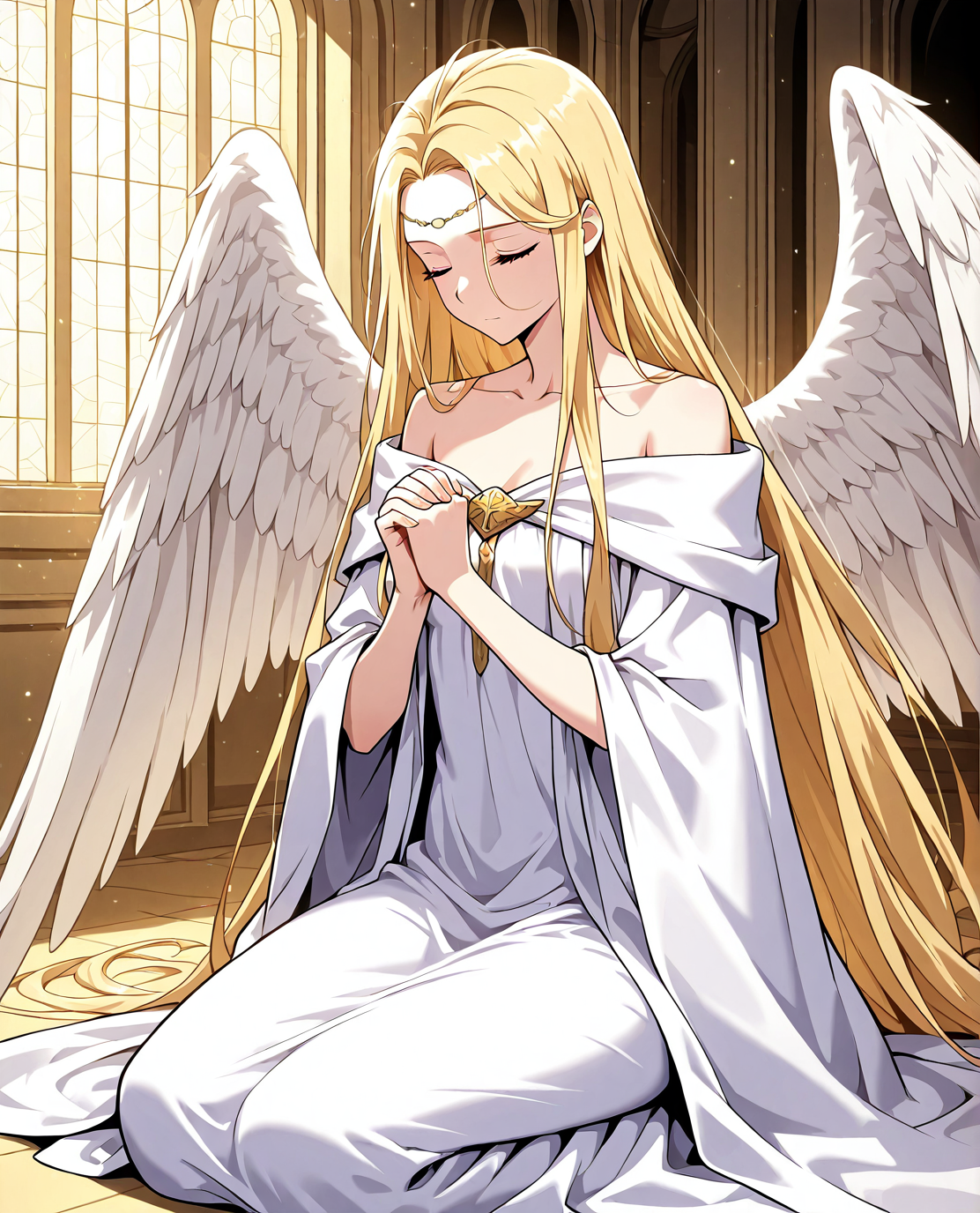 <lora:Ariana-000007:1>
1 girl, solo, very long hair, blonde hair, blue eyes, small breasts
white robe, collarbone, circlet, bare shoulders, bracelete
zPDXL3, score_9_up, score_8_up, score_7_up, (Anime_source),Masterpiece,(perfect female body:1.2), small waist,(incredibly detailed:1.4), slim, beautiful fingers, wings, praying, kneeling, eyes closed, church in the background