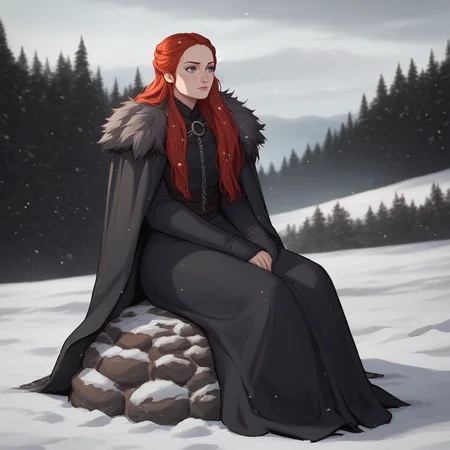 score_9_up, score_7_up, BREAK, SansaStark, 1girl, solo, long hair, red hair, blue eyes, black dress, fur trim, cape, sitting on rock, outdoors, <lora:SansaStark_PXL_Leaf1:0.8>, snow,