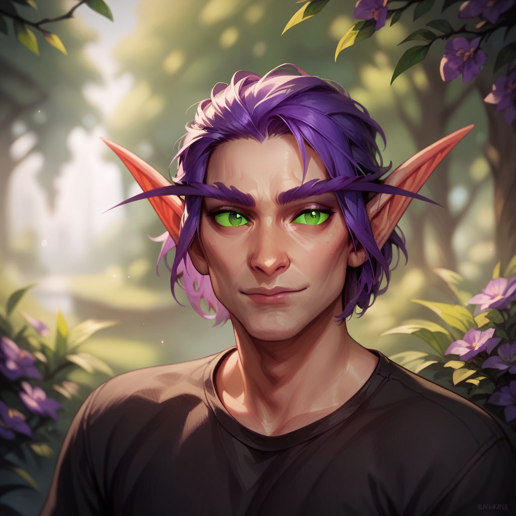 (((beautiful, high quality))), upper Body, score_9, score_8_up, score_7_up, 
Elf, pointed ears, long eyebrows,
1male, purple hair, green eyes, black shirt,
looking at the viewer, posing, blurred background,