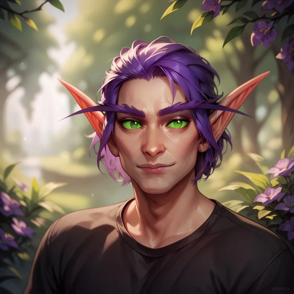 (((beautiful, high quality))), upper Body, score_9, score_8_up, score_7_up,
Elf, pointed ears, long eyebrows,
1male, purple hair, green eyes, black shirt,
looking at the viewer, posing, blurred background,