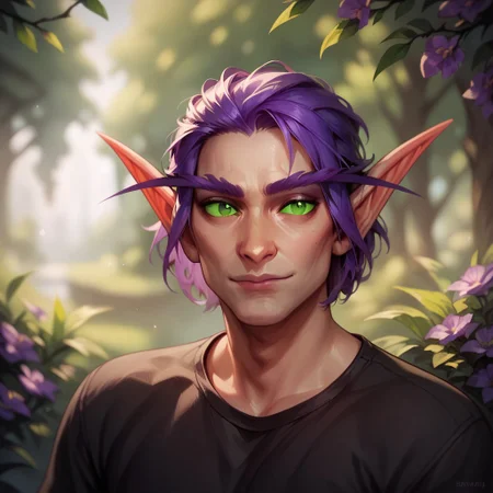 (((beautiful, high quality))), upper Body, score_9, score_8_up, score_7_up,
Elf, pointed ears, long eyebrows,
1male, purple hair, green eyes, black shirt,
looking at the viewer, posing, blurred background,