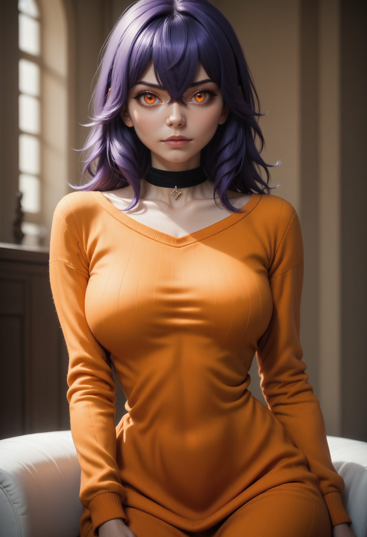 score_9, score_8_up, score_7_up,
1girl, solo, sexy sweater dress, orange dress, scoop neck, long sleeves, black choker,
 <lora:Dark_Amethyst_Pony_v0.1:0.5> d4rk4m3thyst, orange eyes, purple crossed bangs,