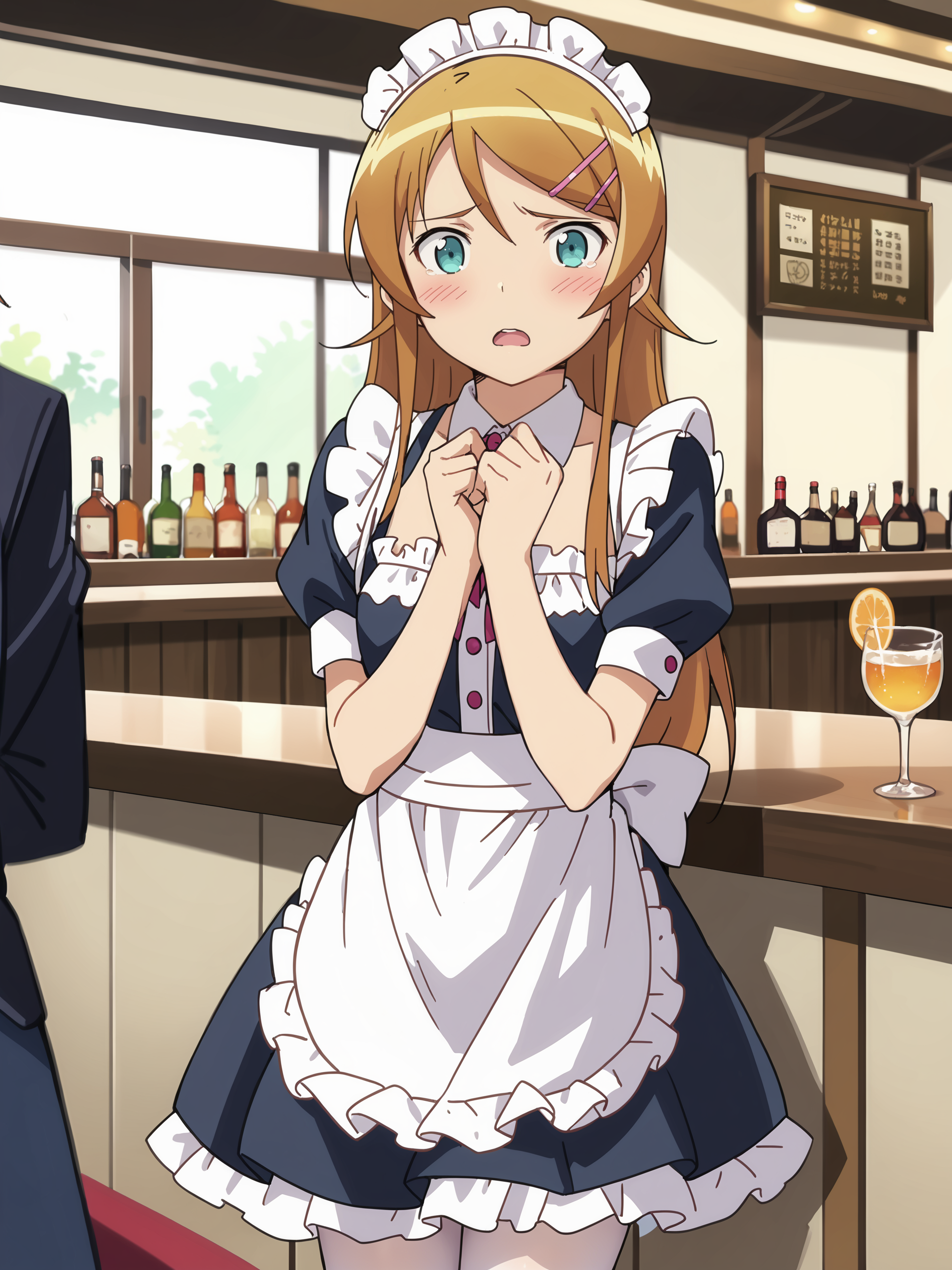 score_9, score_8_up, score_7_up, source_anime, ray tracing, best quality, anime screenshot, anime coloring,  <lora:Char-Kousaka_Kirino-V1-Pony:0.9:hr=0.6>, 1girl, kousaka kirino, hair clip, solo, maid, maid headdress, maid apron, embarrassed, white pantyhose, open mouth, blush, parted lips, looking at viewer, cowboy shot, bar \(place\), indoors, depth of field