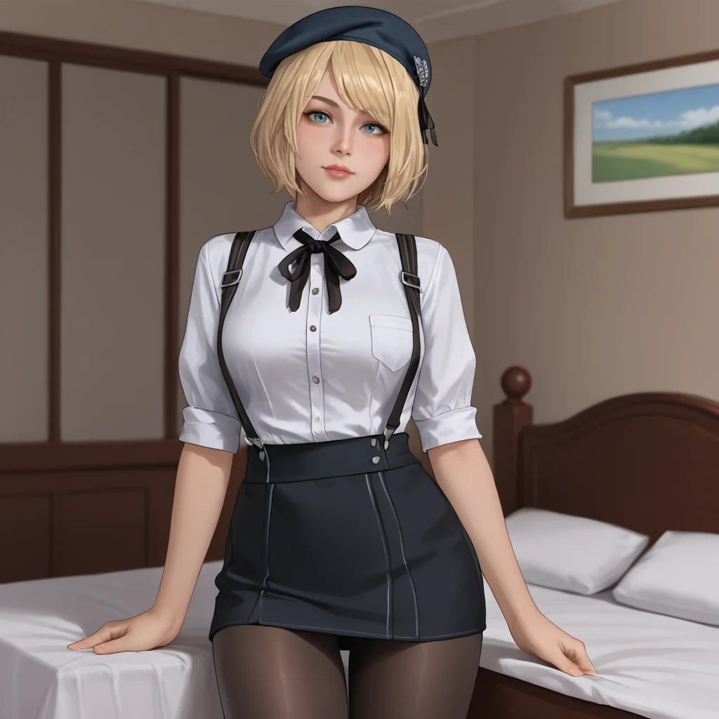 <lora:ashleyre4remake_pony_v1:.8> Ashley, 1girl, solo, short hair, blonde hair, blue eyes, lips, bob cut, cowboy shot, cowboy shot <lora:0902 Home wear 5_v1_pony:1> ruanyi0902,beret,black ribbon,collared shirt,black pantyhose,high-waist skirt,white shirt,suspenders