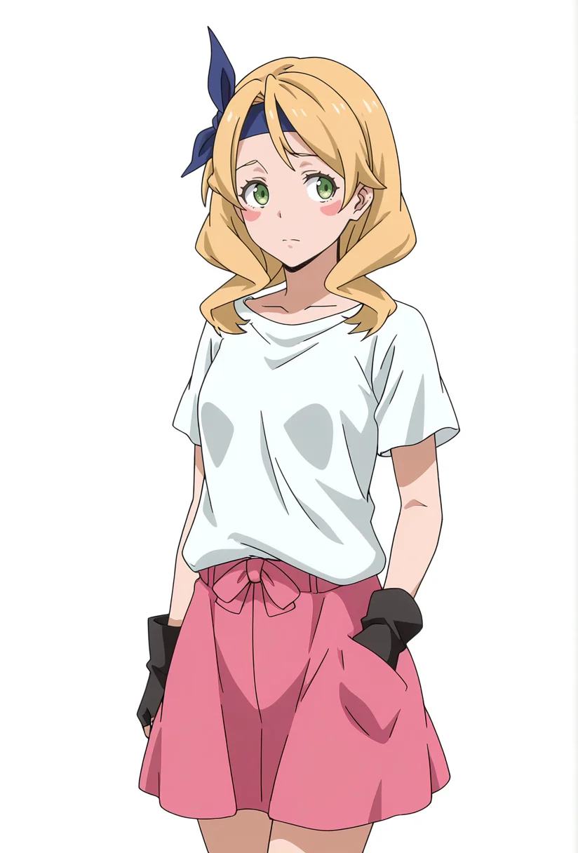 Smooth Quality,masterpiece,very intricate, high quality details, ultra realistic, high detailed skin,detailed enviorement,absurdres,
simple background, white background,
,despair,walking pose, one hand in pocket, head slightly turned, casual stride, confident aura, ,
<lora:Eren_cnn:0.8>erencnn, 1girl,long hair, blonde hair, green eyes,
headband, pink skirt, fingerless gloves,blush stickers,bow,