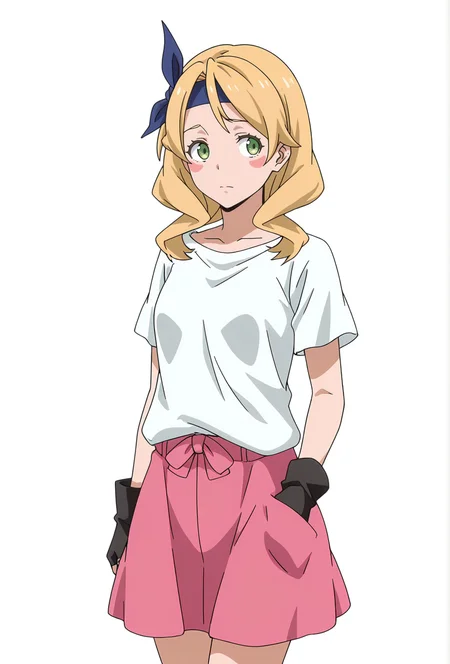 Smooth Quality,masterpiece,very intricate, high quality details, ultra realistic, high detailed skin,detailed enviorement,absurdres,
simple background, white background, 
,despair,walking pose, one hand in pocket, head slightly turned, casual stride, confident aura,  ,
 <lora:Eren_cnn:0.8>erencnn, 1girl,long hair, blonde hair, green eyes, 
headband, pink skirt, fingerless gloves,blush stickers,bow,