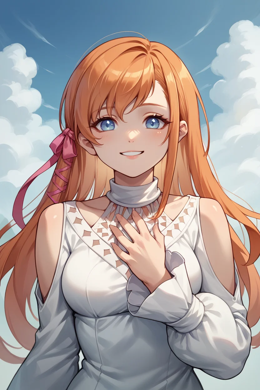 score_9, score_8_up, score_7_up, score_6_up, source_anime, BREAK 1girl <lora:ryne-pdxl-nvwls-v1:1> ryne, orange hair, blue eyes, hair ribbon, white dress, shoulder cutout, upper body, looking at you, smile, hand to own chest, blue sky