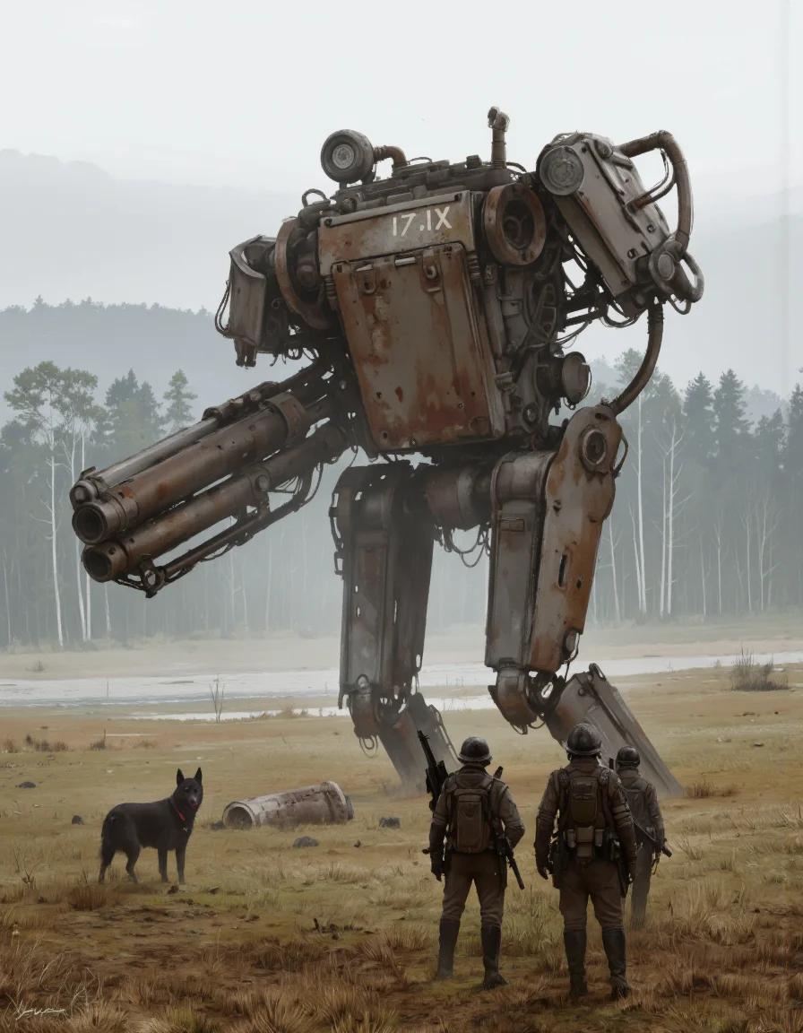 By Jakub Rozalski. A digital illustration shoot from the side about a post-apocalyptic scene featuring a large robot and a group of soldiers in a foggy landscape. the scene is set in a field with trees and a body of water in the background. on the left side of the image, a large, rusted, humanoid robot with a large gun and a large backpack with the number "17.IX" on it is standing, facing the viewer. the robot appears to be in a state of readiness, with a long, slender body and a rugged, metallic appearance. it is positioned in the foreground, with the soldiers standing in front of it. the soldiers are wearing helmets and carrying guns, and one of them is walking towards the robot. in the distance, a black dog can be seen, adding a sense of danger to the scene. the overall atmosphere is tense and foreboding, with thick fog and a muted color palette that adds to the sense of realism.