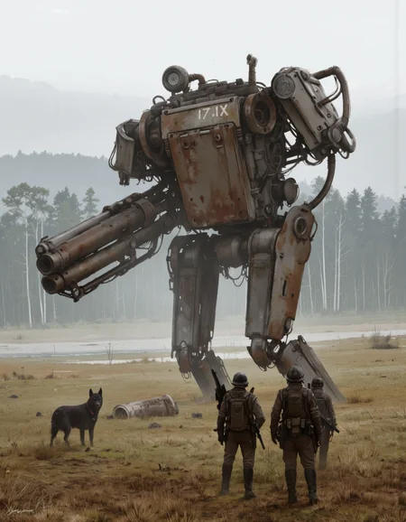 By Jakub Rozalski. A digital illustration shoot from the side about a post-apocalyptic scene featuring a large robot and a group of soldiers in a foggy landscape. the scene is set in a field with trees and a body of water in the background. on the left side of the image, a large, rusted, humanoid robot with a large gun and a large backpack with the number "17.IX" on it is standing, facing the viewer. the robot appears to be in a state of readiness, with a long, slender body and a rugged, metallic appearance. it is positioned in the foreground, with the soldiers standing in front of it. the soldiers are wearing helmets and carrying guns, and one of them is walking towards the robot. in the distance, a black dog can be seen, adding a sense of danger to the scene. the overall atmosphere is tense and foreboding, with thick fog and a muted color palette that adds to the sense of realism.