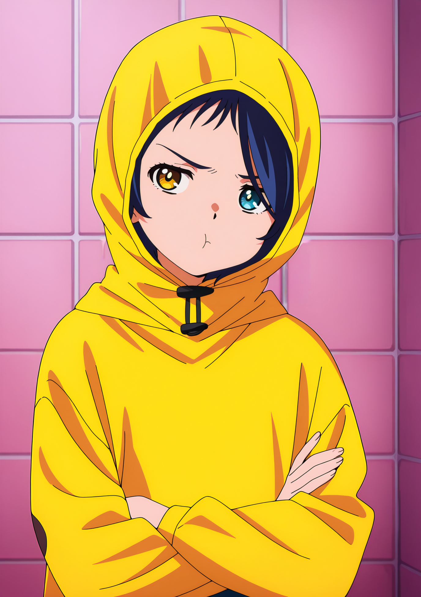 detailed background, official style,anime coloring, (anime screencap) masterpiece, detailed face,1girl <lora:Ai_Ohto:1>Ai, solo, hood, blue eyes, blue hair, tile wall, yellow eyes, heterochromia, short hair, looking at viewer, tiles, raincoat, yellow eyes, upper body, hood up, pout, looking away from viewer, crossed arms, head tilt