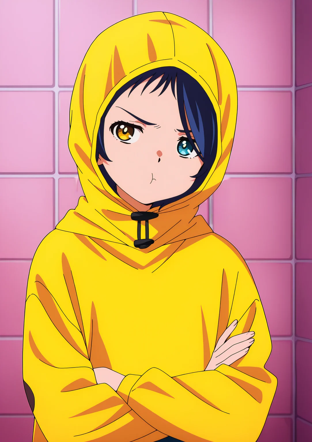 detailed background, official style,anime coloring, (anime screencap) masterpiece, detailed face,1girl <lora:Ai_Ohto:1>Ai, solo, hood, blue eyes, blue hair, tile wall, yellow eyes, heterochromia, short hair, looking at viewer, tiles, raincoat, yellow eyes, upper body, hood up, pout, looking away from viewer, crossed arms, head tilt