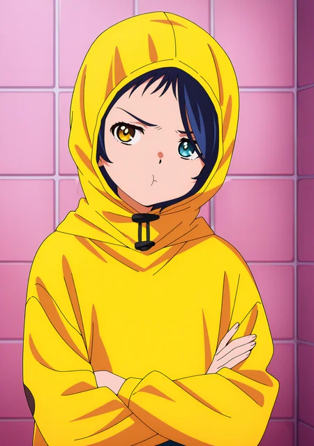 detailed background, official style,anime coloring, (anime screencap) masterpiece, detailed face,1girl <lora:Ai_Ohto:1>Ai, solo, hood, blue eyes, blue hair, tile wall, yellow eyes, heterochromia, short hair, looking at viewer, tiles, raincoat, yellow eyes, upper body, hood up, pout, looking away from viewer, crossed arms, head tilt