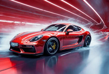 cinematic still (embedding:PYS-XL.pt:1.1), PYS-XL, inksketch, close up, porsche 718 cayman gts 4.0, Cayman, a Porsche Cayman sports car The image is a digital artwork or photograph featuring a silversports car is speeding through a futuristic tunnel-like structure and (((being driven by a red cyborg robot:1.6))) motion blur, The tunnel has a retro-futuristic design, with a spiral pattern and neon lights in the background that give off a sci-fi vibe. The lighting is dramatic, with a strong contrast between the sports car and the cooler tones of the tunnel interior, silver particles, The sports car itself appears to be a high-performance model with a sleek design, featuring large alloy wheels and what looks like an aggressive front bumper with a splitter and air intakes. The car is powerfull, and its blurred reflection on the floor suggests a reflective surface beneath it. There are no visible texts or brands in the image.The composition of the image suggests a setting where speed and modernity are themes, possibly from a video game given the stylized nature of the environment . emotional, harmonious, vignette, 4k epic detailed, shot on kodak, 35mm photo, sharp focus, high budget, cinemascope, moody, epic, gorgeous, film grain, grainy, (embedding:PYS-XL.pt:1.1), PYS-XL, inksketch, close up, porsche 718 cayman gts 4.0, Cayman, a Porsche Cayman sports car The image is a digital artwork or photograph featuring a silversports car is speeding through a futuristic tunnel-like structure and (((being driven by a red cyborg robot:1.6))) motion blur, The tunnel has a retro-futuristic design, with a spiral pattern and neon lights in the background that give off a sci-fi vibe. The lighting is dramatic, with a strong contrast between the sports car and the cooler tones of the tunnel interior, silver particles, The sports car itself appears to be a high-performance model with a sleek design, featuring large alloy wheels and what looks like an aggressive front bumper with a splitter and air intakes. The car is powerfull, and its blurred reflection on the floor suggests a reflective surface beneath it. There are no visible texts or brands in the image.The composition of the image suggests a setting where speed and modernity are themes, possibly from a video game given the stylized nature of the environment, full color, cinematic, epic, light, dynamic, elaborate, highly detailed, very inspirational, rich deep colors, excellent detail, stunning, intricate, fantastic, creative, vibrant, incredible fine, surreal, complex, elegant, inspiring, thought, wonderful, marvelous, luxury